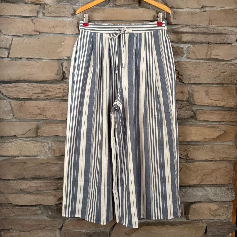 BCBGeneration Women's Flared Palazzo Pants Blue White Striped Rayon Linen Small